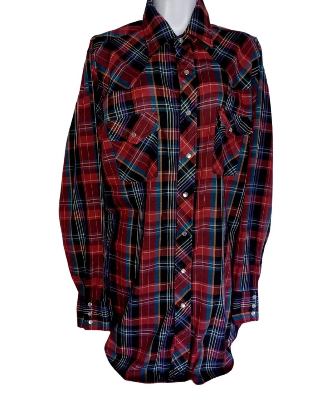 Outlaw Western Urban Cowboy Americana Grunge Shirt Snap Pearl Red/Blue Men LT
